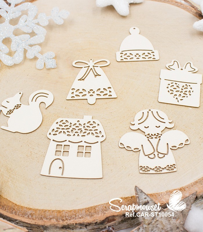 Embellissements en carton bois  Petits sujets à suspendre SCRAPMOUSET