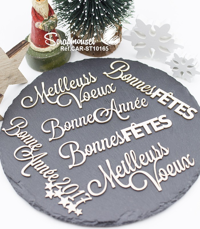 Embellissements en carton bois Meilleurs voeux et bonne année SCRAPMOUSET