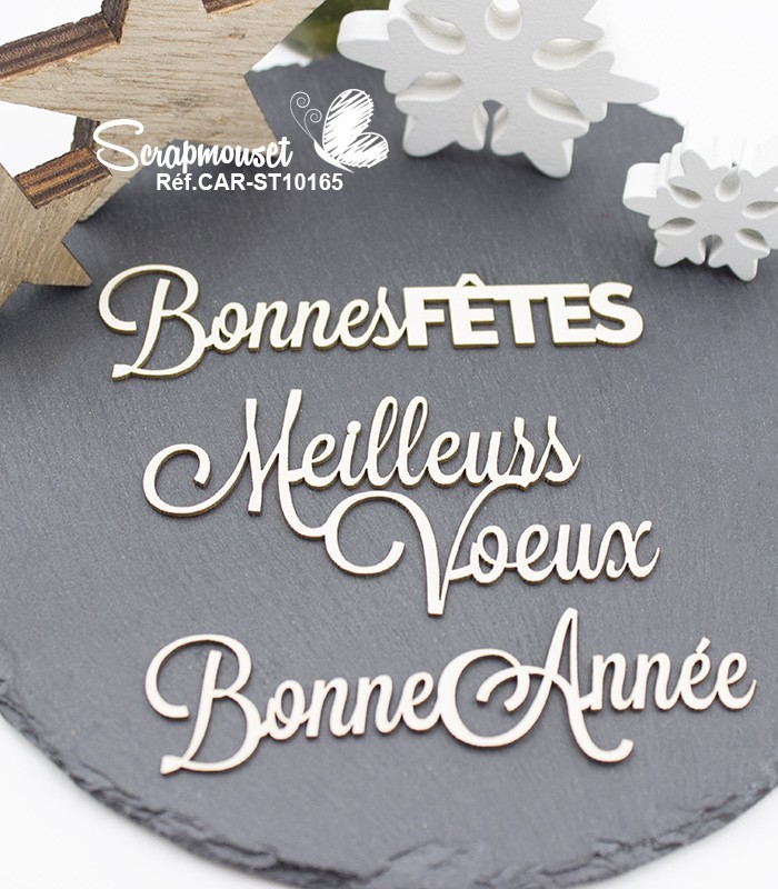 Embellissements en carton bois Meilleurs voeux et bonne année SCRAPMOUSET