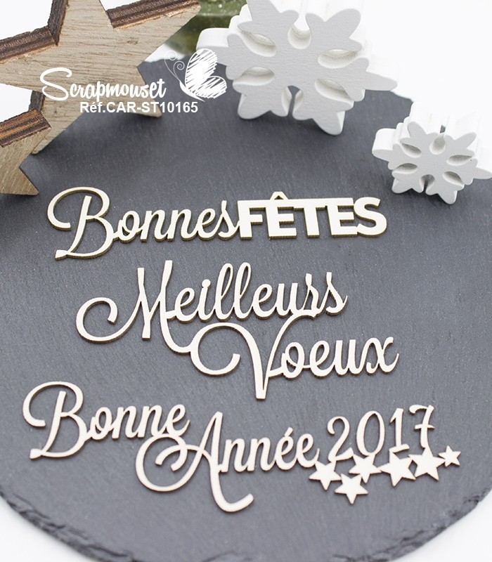 Embellissements en carton bois Meilleurs voeux et bonne année SCRAPMOUSET