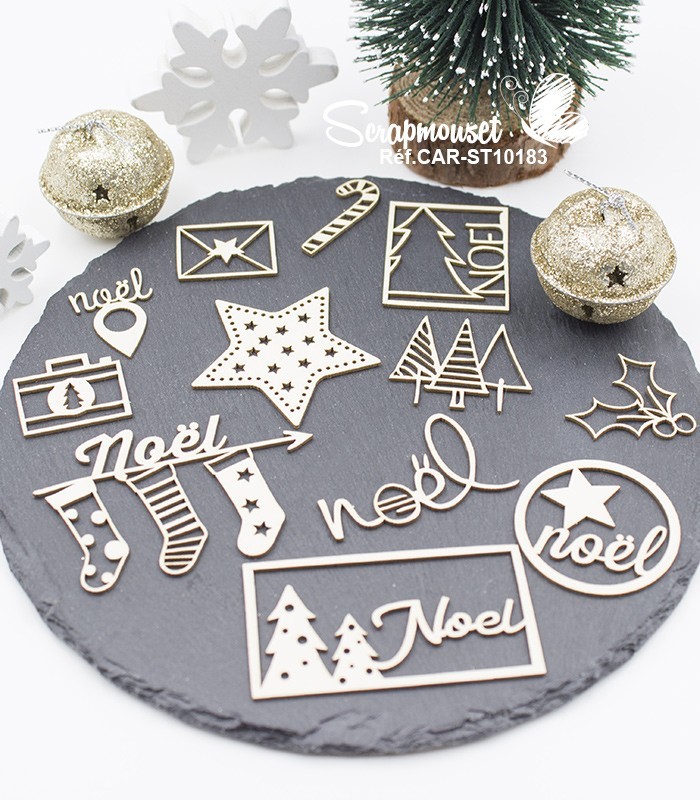 Embellissements en carton bois Noël se prépare... SCRAPMOUSET