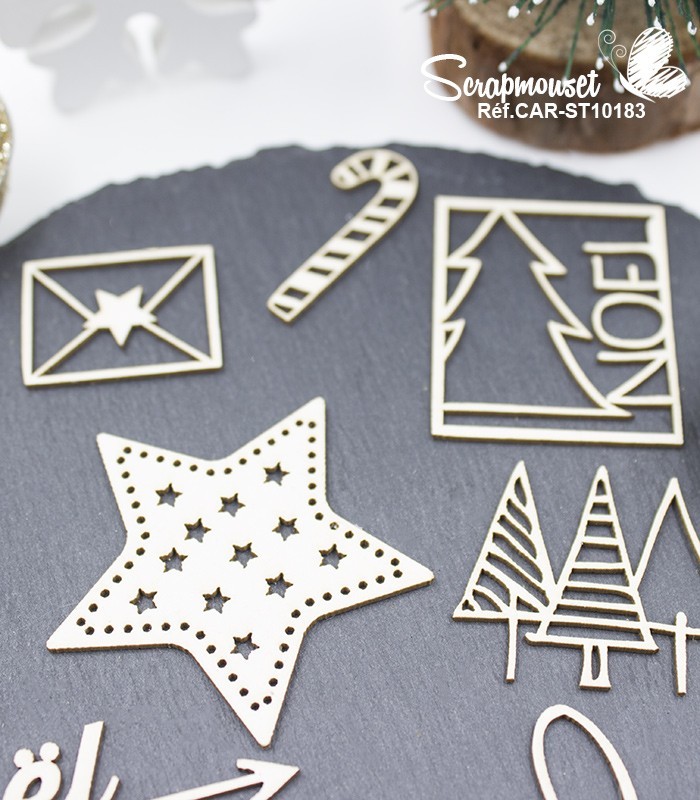 Embellissements en carton bois Noël se prépare... SCRAPMOUSET
