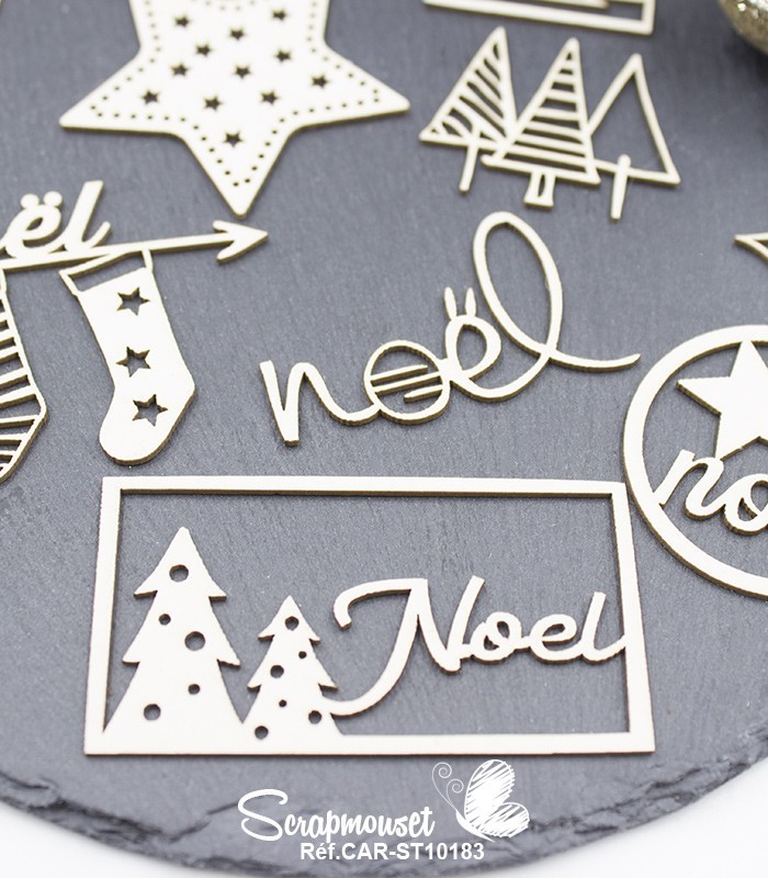 Embellissements en carton bois Noël se prépare... SCRAPMOUSET