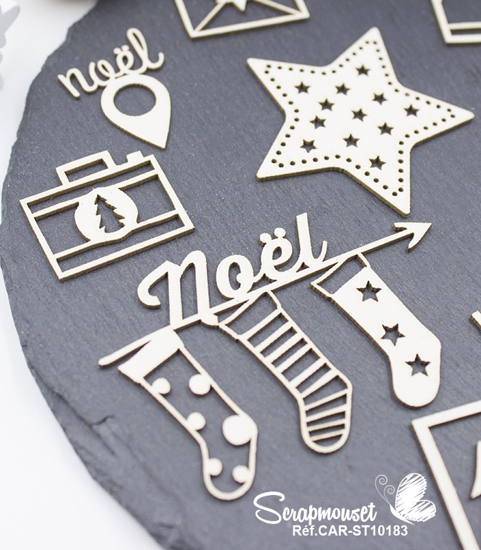 Embellissements en carton bois Noël se prépare... SCRAPMOUSET