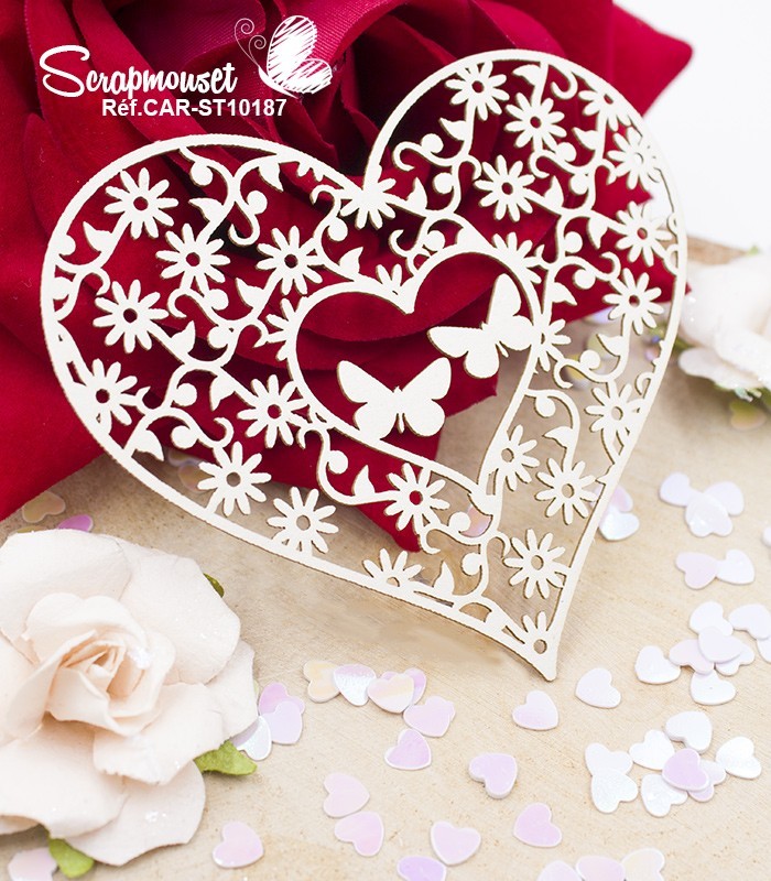 Embellissement coeur papillons et fleurs en carton bois SCRAPMOUSET