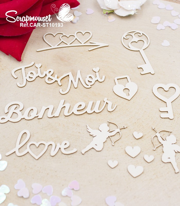 Embellissements Bonheur et cupidons en carton bois SCRAPMOUSET
