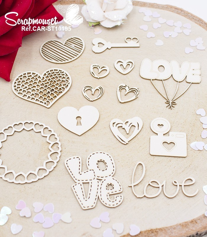 Embellissements Love et coeurs en carton bois SCRAPMOUSET