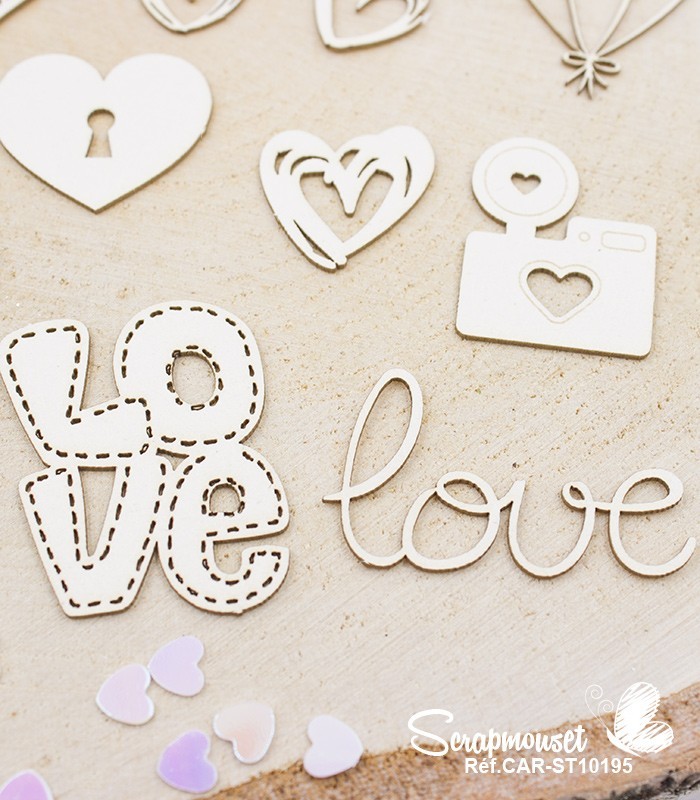 Embellissements Love et coeurs en carton bois SCRAPMOUSET