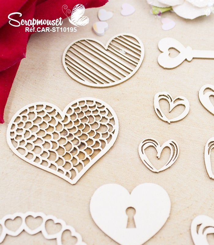 Embellissements Love et coeurs en carton bois SCRAPMOUSET