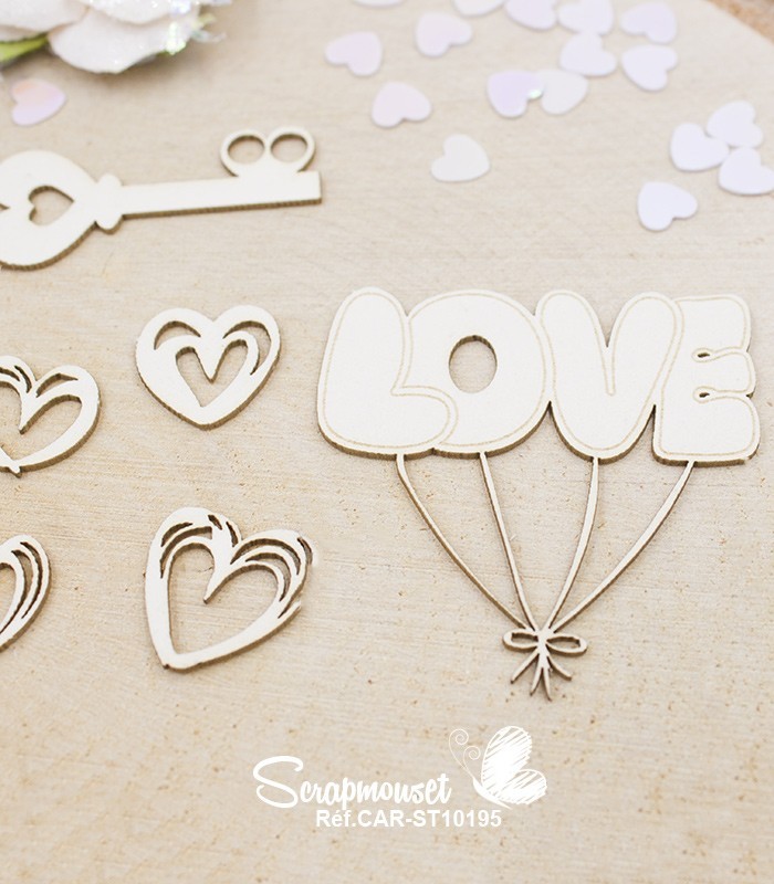 Embellissements Love et coeurs en carton bois SCRAPMOUSET