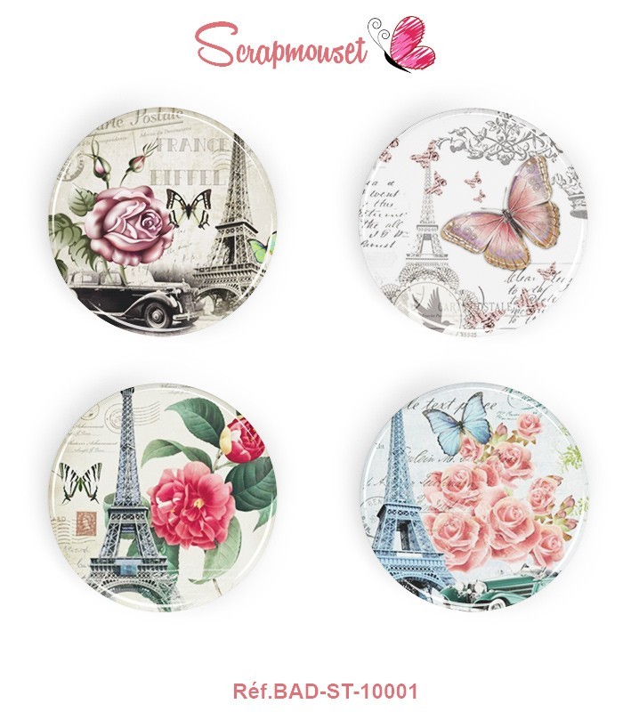 Lot 4 badges 25 mm "Paris vintage" SCRAPMOUSET