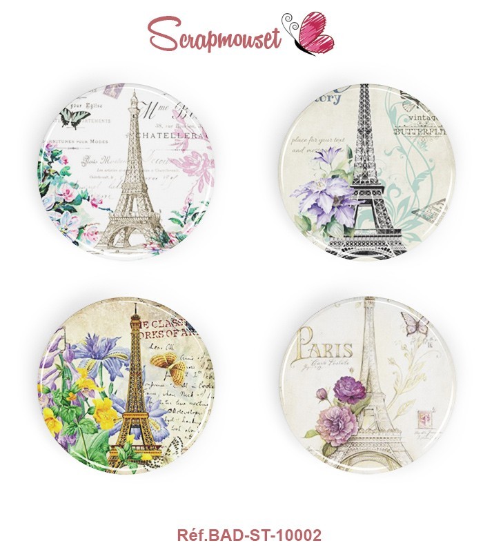 Lot 4 badges 25 mm "Paris Romance" SCRAPMOUSET