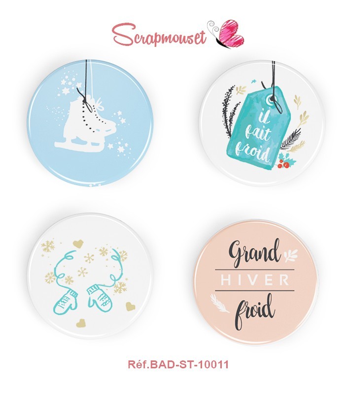Lot de 4 badges 25 mm "L'hiver" SCRAPMOUSET