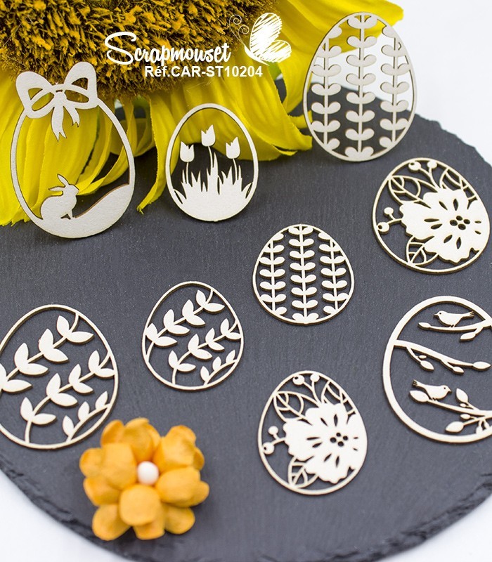 Lot de 9 embellissements œufs de Pâques en carton bois