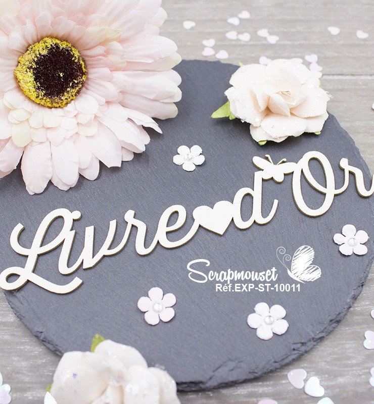 Embellissement Livre d'Or papillon et coeur en carton bois SCRAPMOUSET