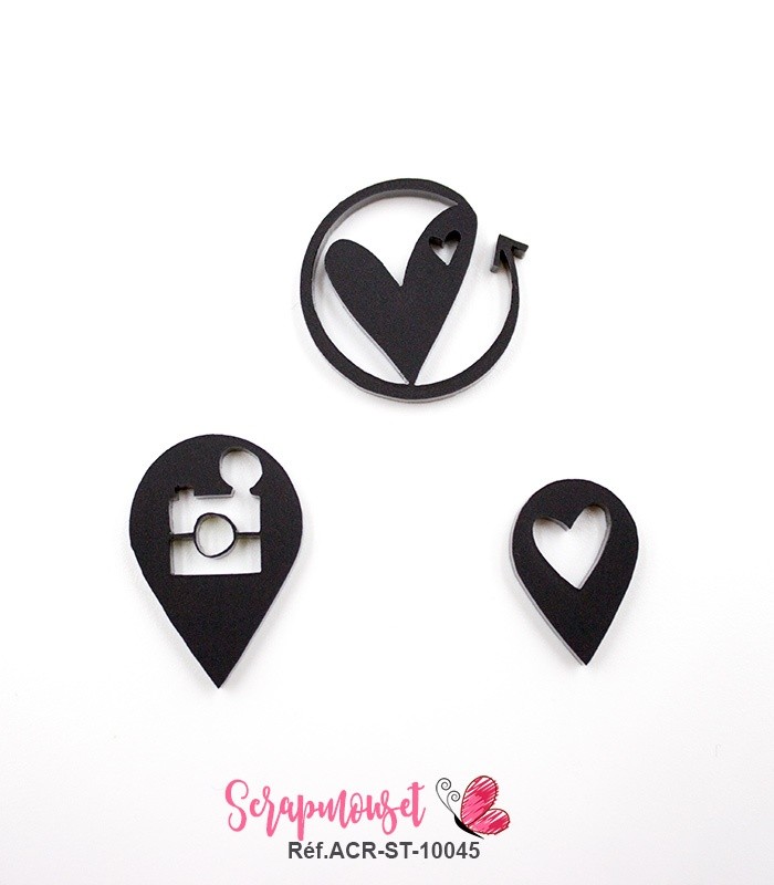 Trio d'embellissements - 2 géotags et 1 motif coeur en Acrylique noir - Scrapmouset