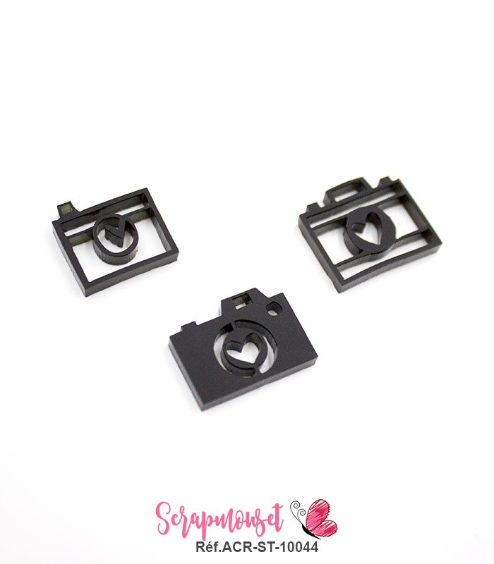 Trio d'embellissements - 3 Appareils photos en Acrylique noir - Scrapmouset