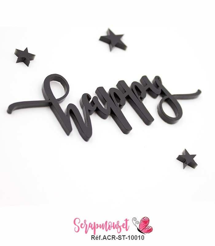 Mot happy en Acrylique Noir 9,6 x 4,1 cm SCRAPMOUSET