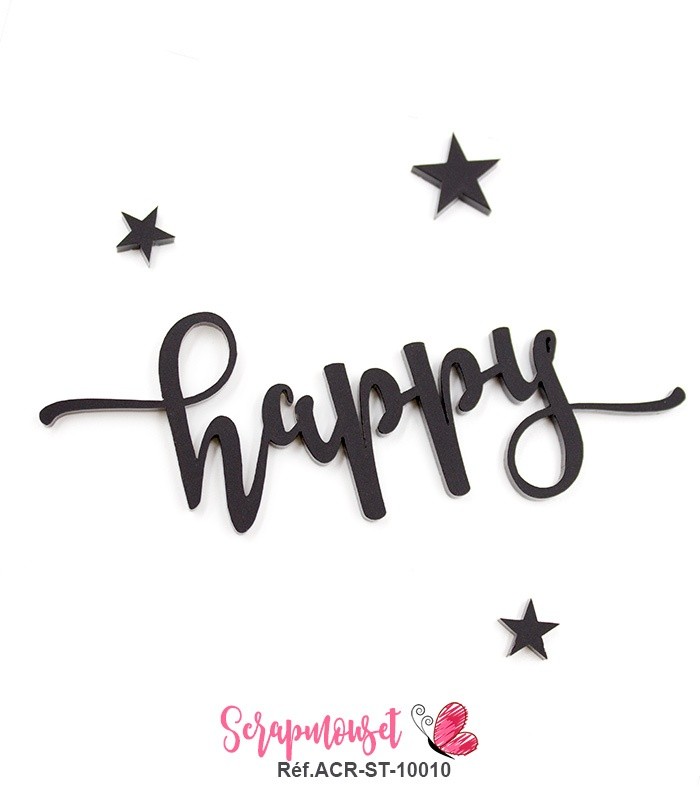 Mot happy en Acrylique Noir 9,6 x 4,1 cm SCRAPMOUSET