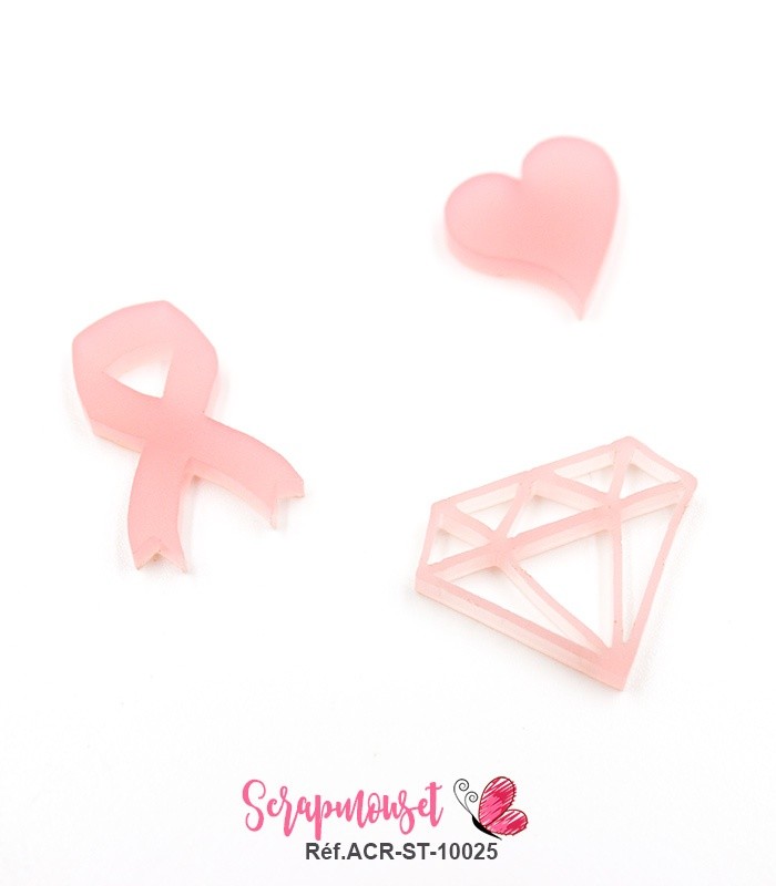 Embellissements / Motifs "ruban, coeur et diamant" en Acrylique Rose SCRAPMOUSET