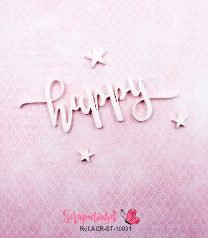 Mot happy en Acrylique Blanc 9,6 x 4,1 cm SCRAPMOUSET