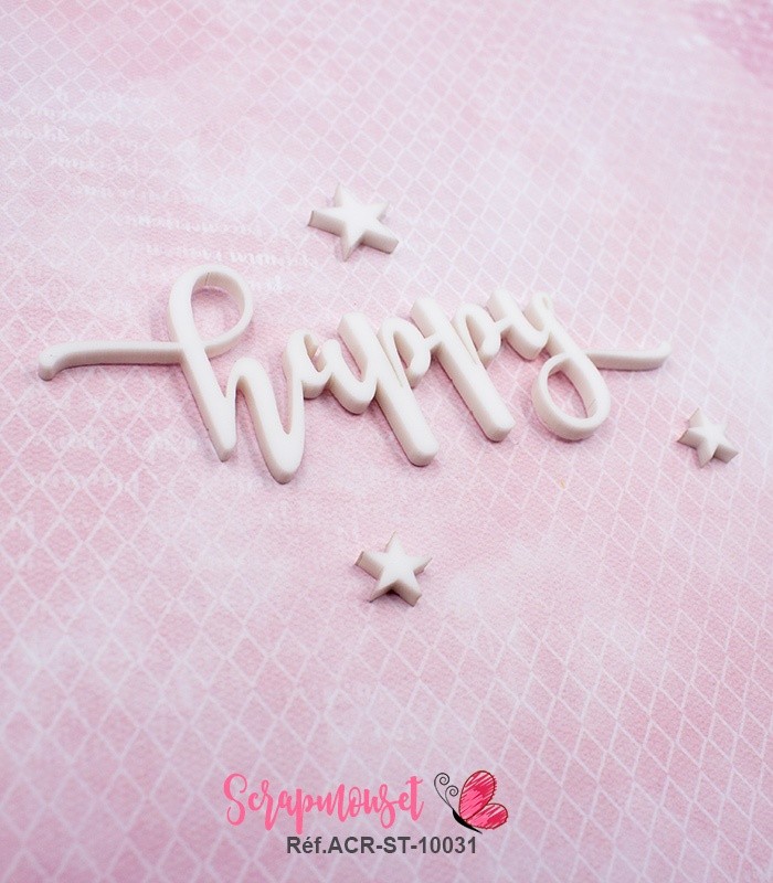 Mot happy en Acrylique Blanc 9,6 x 4,1 cm SCRAPMOUSET