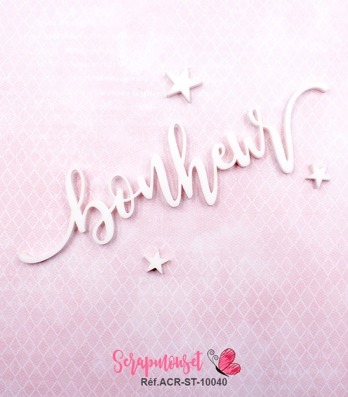 Mot bonheur en Acrylique Blanc 12,7 x 3,4 cm  SCRAPMOUSET