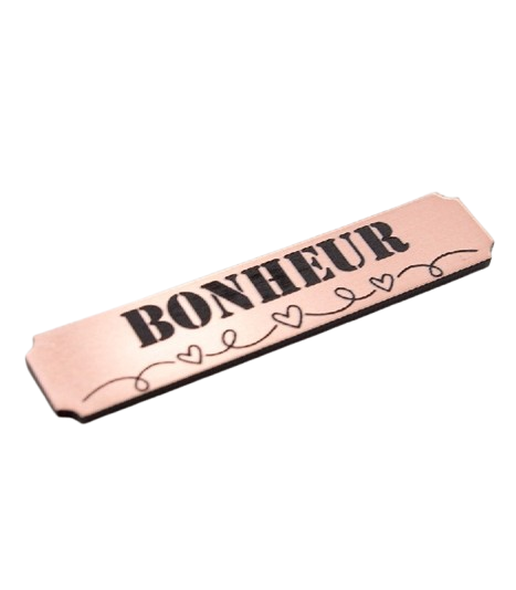 Etiquette avec le mot bonheur en Acrylique de couleur rose gold
