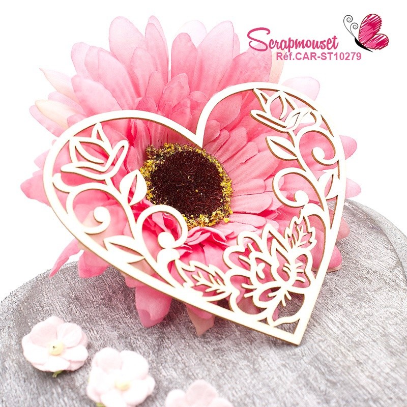 Chipboard coeur floral Léa en carton bois SCRAPMOUSET