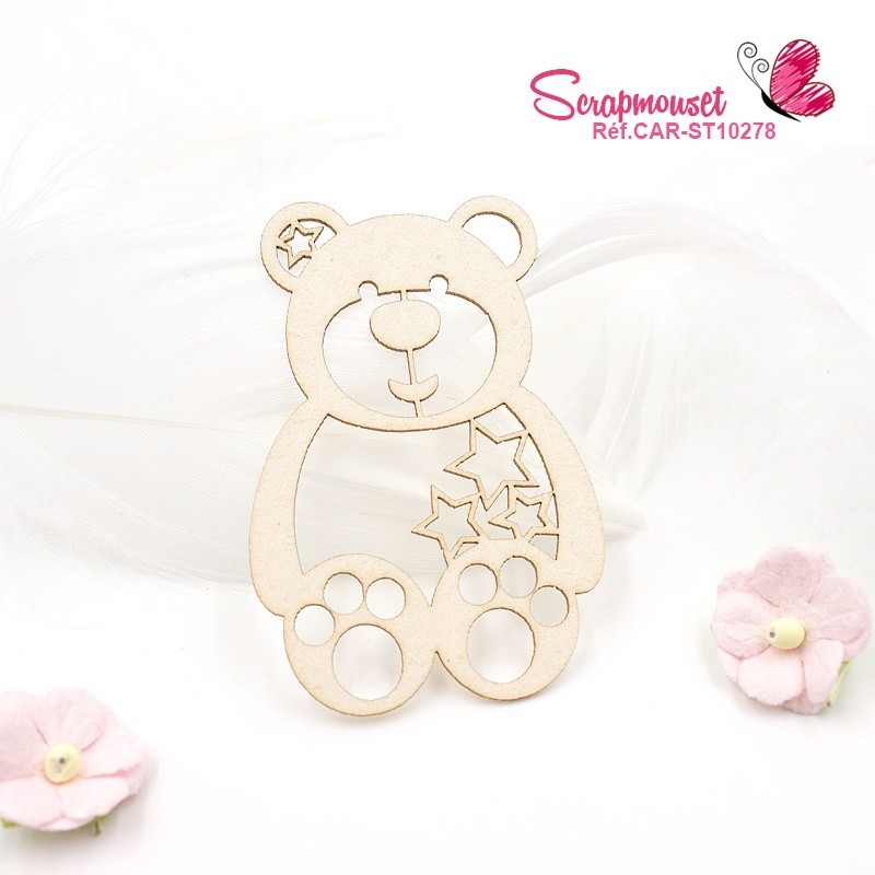 Chipboard ourson au coeur étoilé en carton bois SCRAPMOUSET