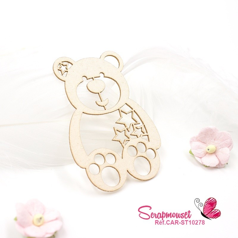 Chipboard ourson au coeur étoilé en carton bois SCRAPMOUSET