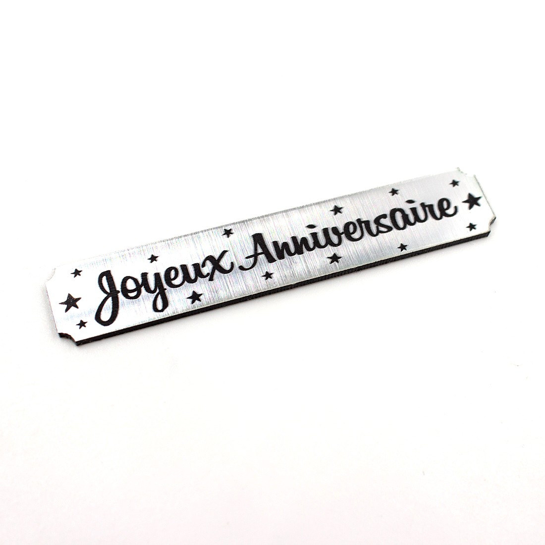 Etiquette rectangulaire Joyeux Anniversaire en Acrylique couleur argent brossé
