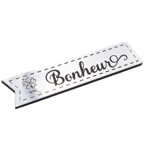 Étiquette Bonheur et petite fleur en Acrylique couleur argent brossé