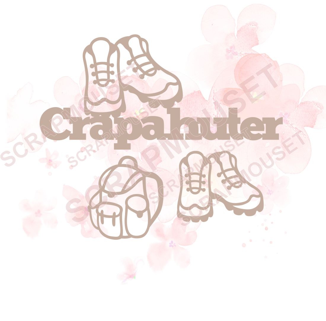 Mot Crapahuter avec sac à dos et paire de chaussures de marche en carton bois SCRAPMOUSET