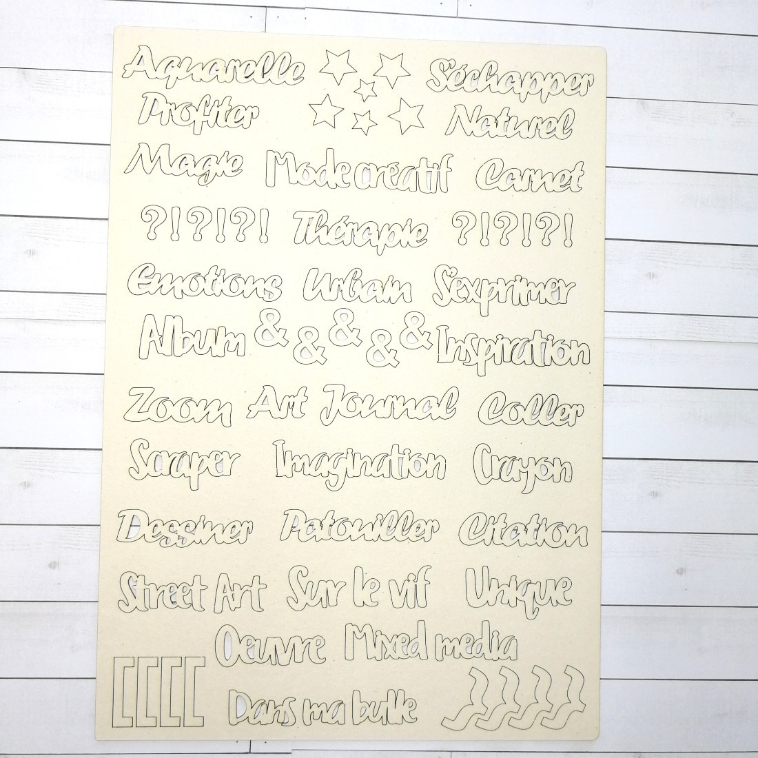 Ensemble de mots et motifs pour Art Journal sur planche au Format A4 SCRAPMOUSET