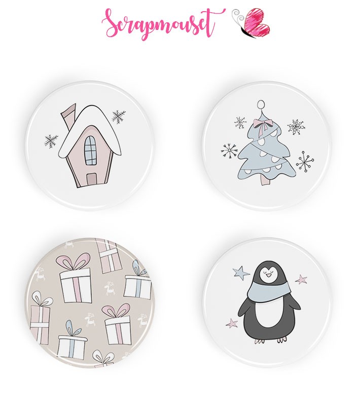 Lot de 4 badges 25mm à dos plat collection Hello Winter Série 1 SCRAPMOUSET