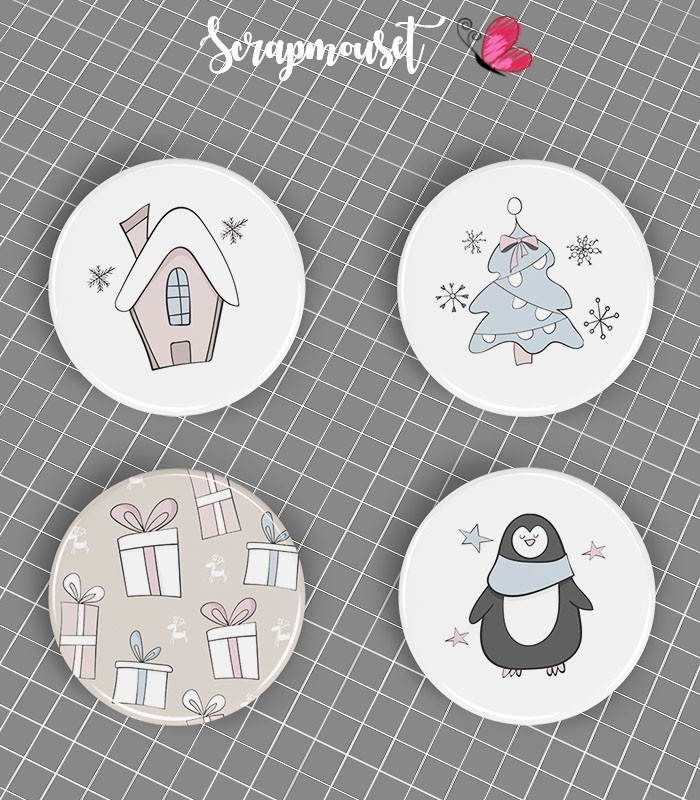 Lot de 4 badges 25mm à dos plat collection Hello Winter Série 1 SCRAPMOUSET