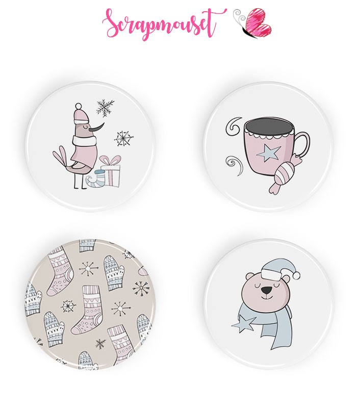 Lot de 4 badges 25mm à dos plat collection Hello Winter Série 2