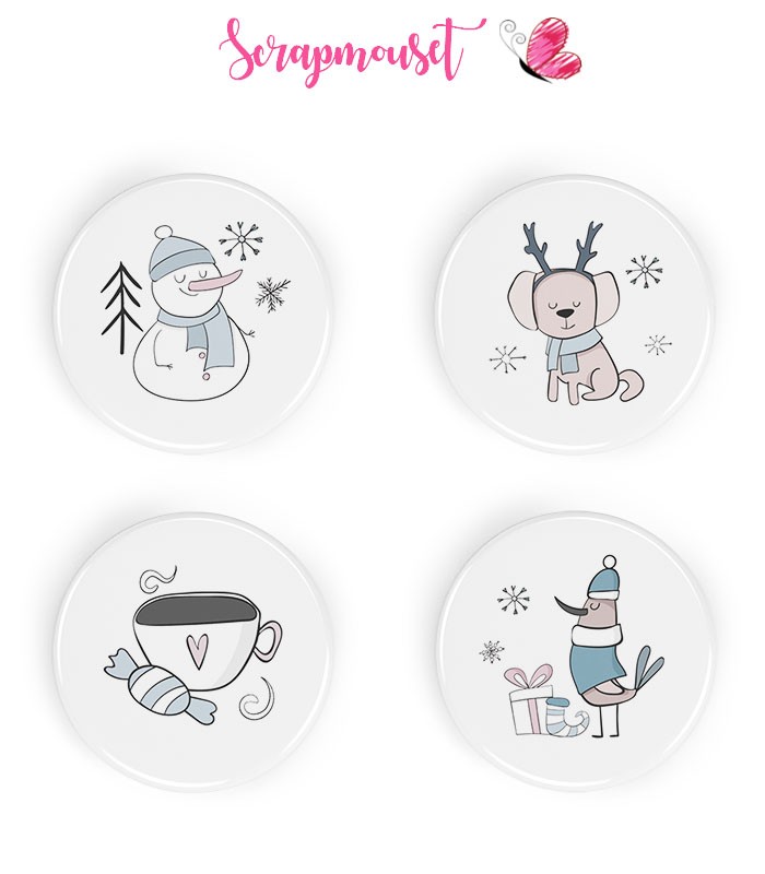 Lot de 4 badges 25mm à dos plat collection Hello Winter Série 3