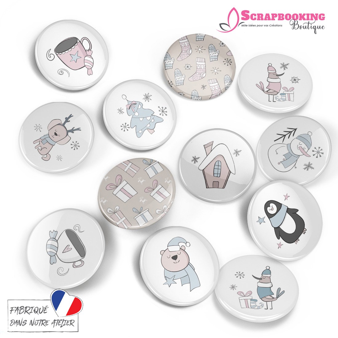 Pack de 12 badges 25mm à dos plat collection Hello Winter