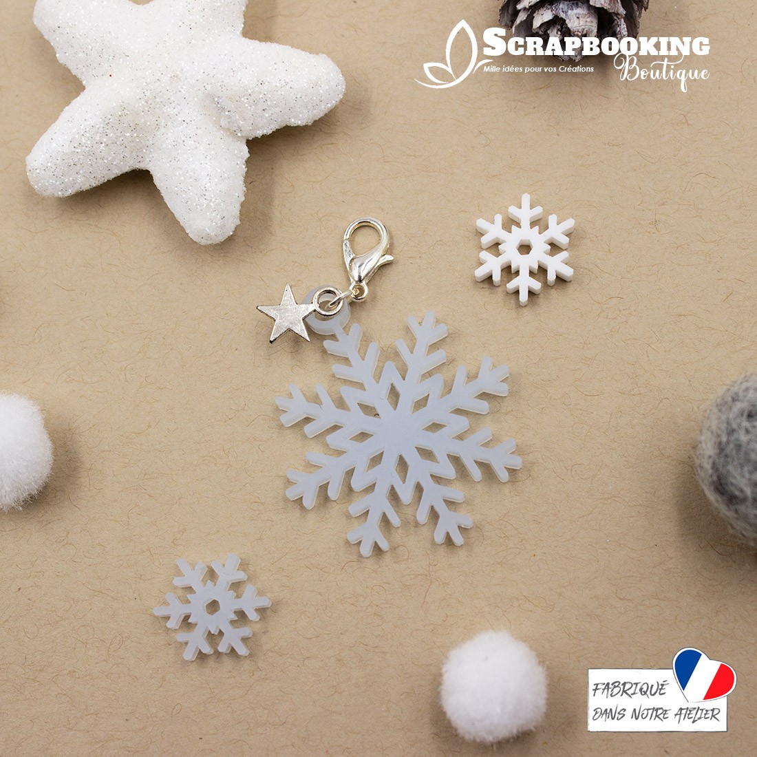Breloque charm flocon de neige bleu givré avec fermoir étoile argenté brillant SCRAPMOUSET