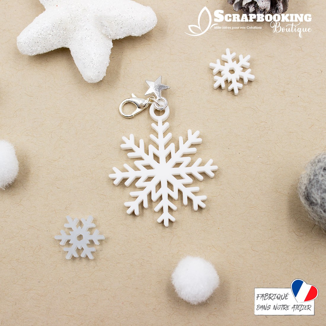 Breloque charm flocon de neige blanc avec fermoir étoile argenté brillant SCRAPMOUSET