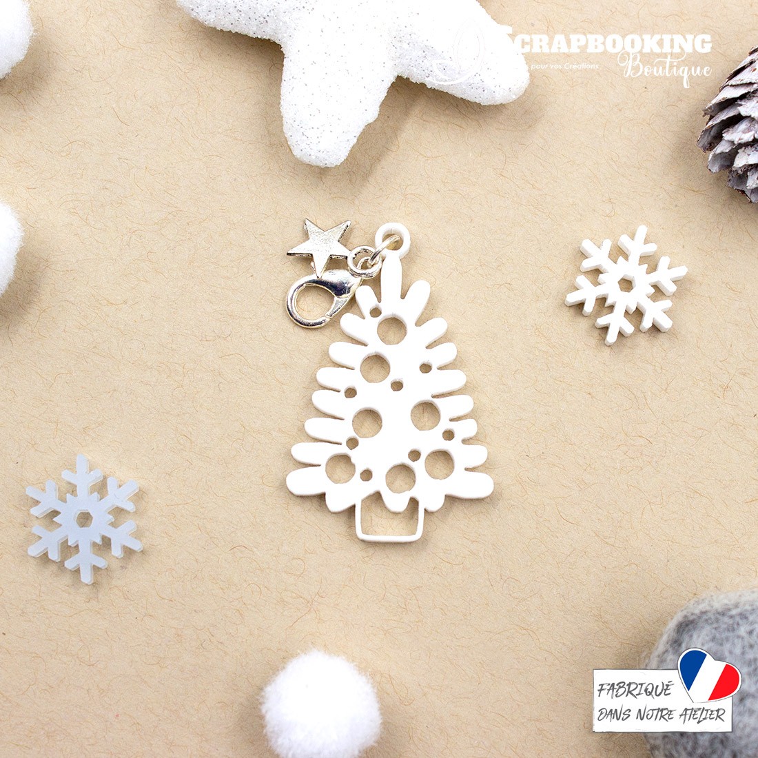 Breloque charm sapin de Noël blanc avec boules et fermoir étoile argenté brillant SCRAPMOUSET