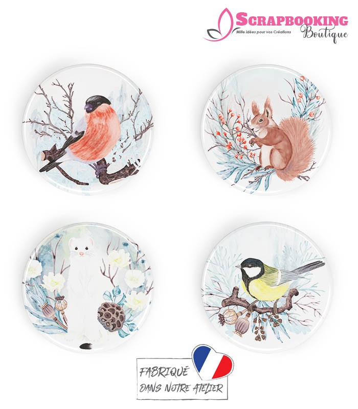 Lot de 4 badges 25mm à dos plat collection Winter Time Série 1
