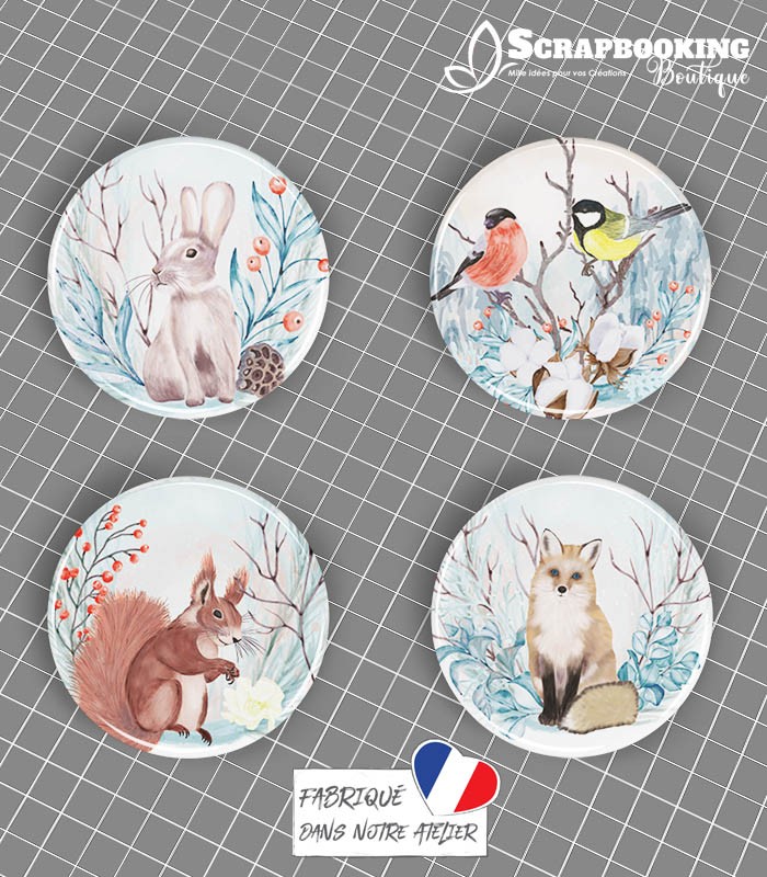 Lot de 4 badges 25mm à dos plat collection Winter Time Série 2