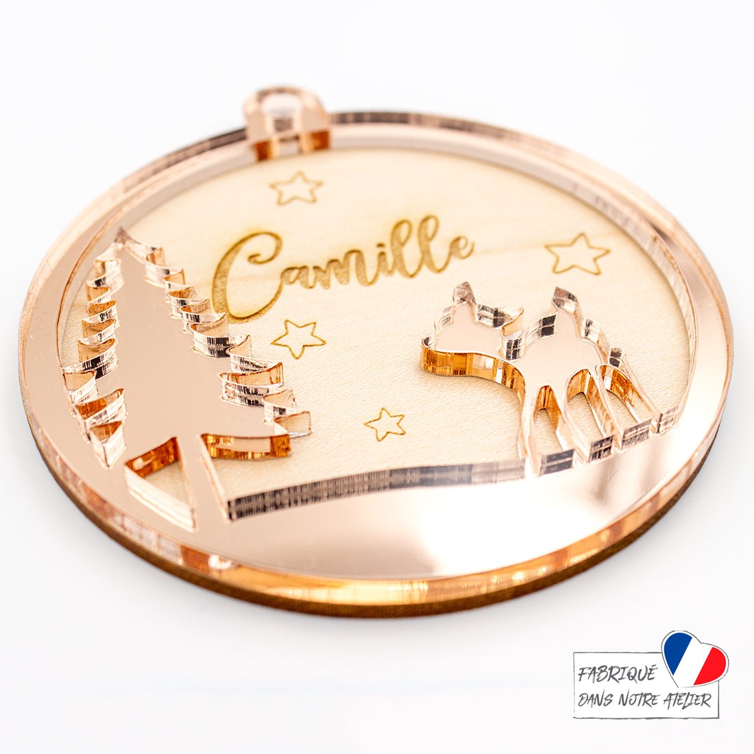 Boule de Noël personnalisée avec faon en bois et acrylique miroir rose gold SCRAPMOUSET