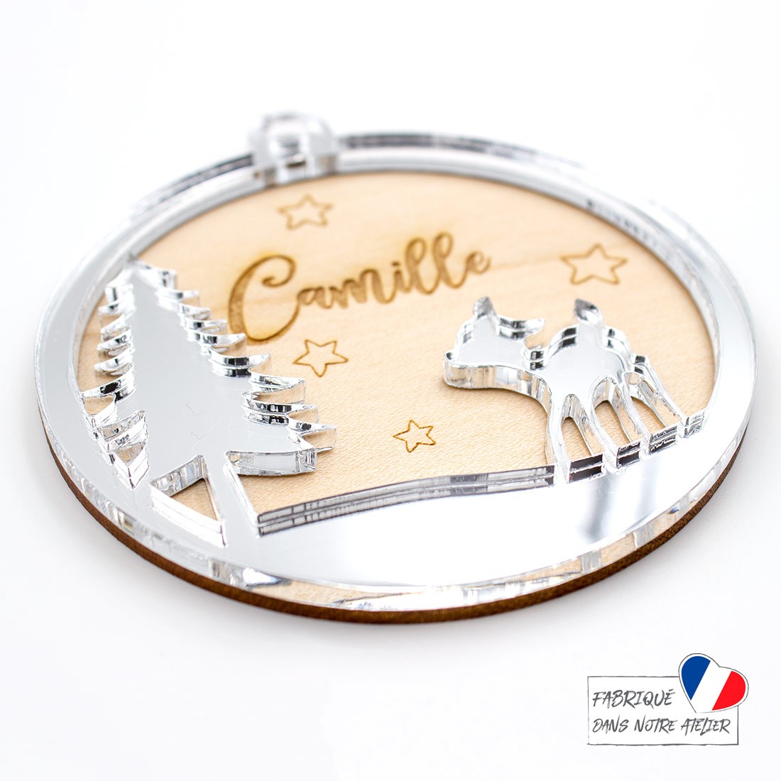 Boule de Noël personnalisée avec faon en bois et acrylique miroir argent SCRAPMOUSET