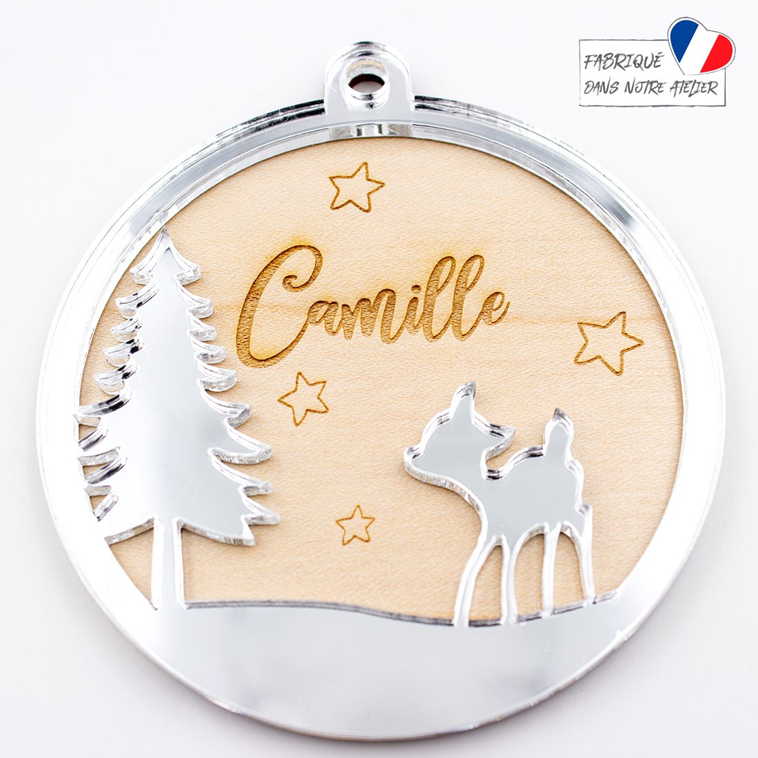 Boule de Noël personnalisée avec faon en bois et acrylique miroir argent SCRAPMOUSET