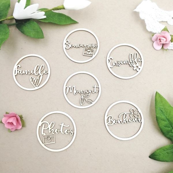 Ensemble de 6 bulles avec texte en carton bois SCRAPMOUSET