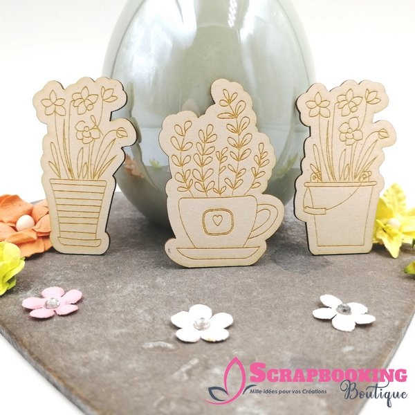 Lot de 3 chipboards pots fleuris de Pâques SCRAPMOUSET